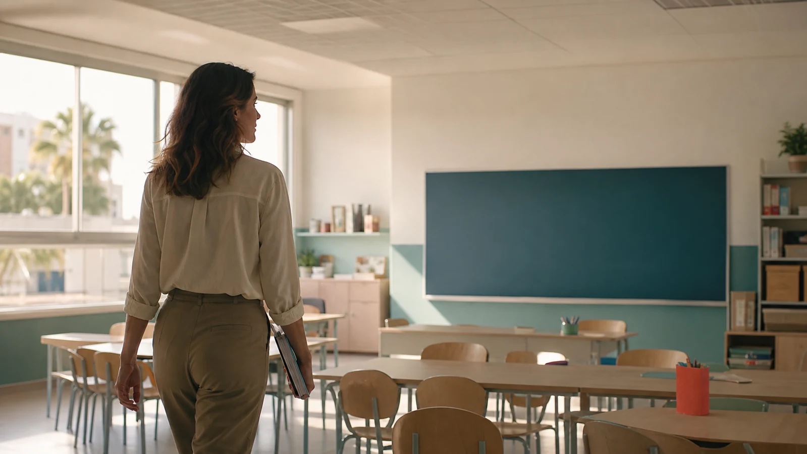 Docente entrando en un aula, símbolo del objetivo profesional de la preparación